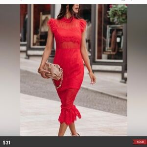 VICI Saige Sheer Lace Midi Dress - Red